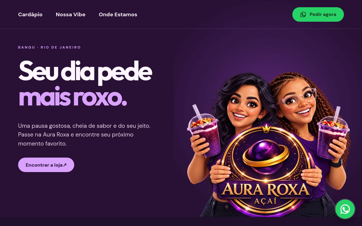 Página inicial do site Aura Roxa Açaí